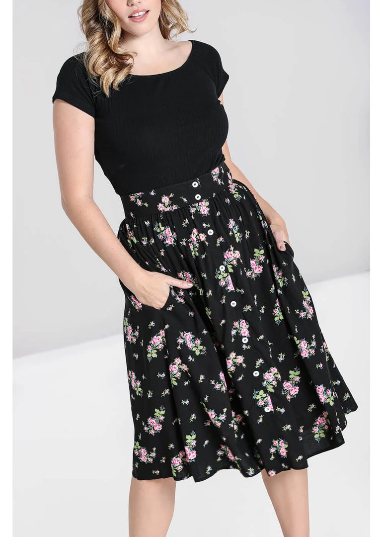 Hell Bunny Bobby Sue Rose 40's Swing Skirt Black