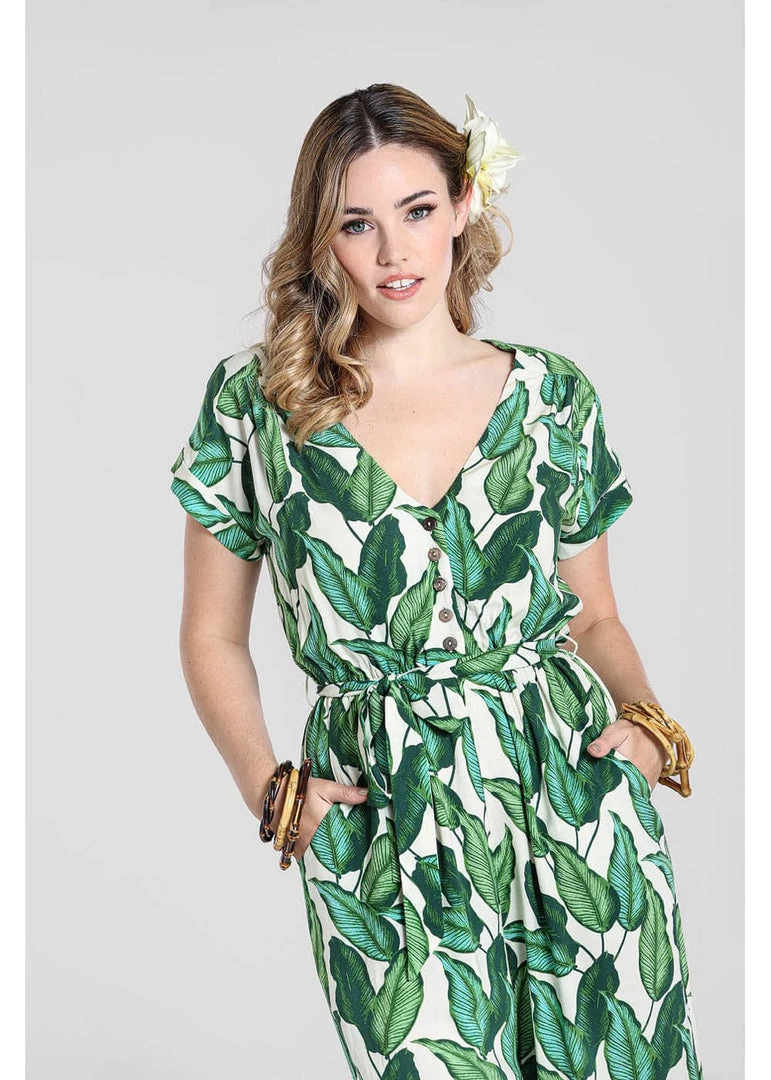 Hell Bunny Rainforest 70's Jumpsuit Ivory New In