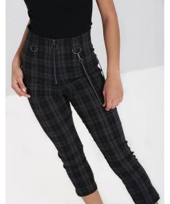 Hell Bunny Cobain Tartan Capri Trousers Black New In