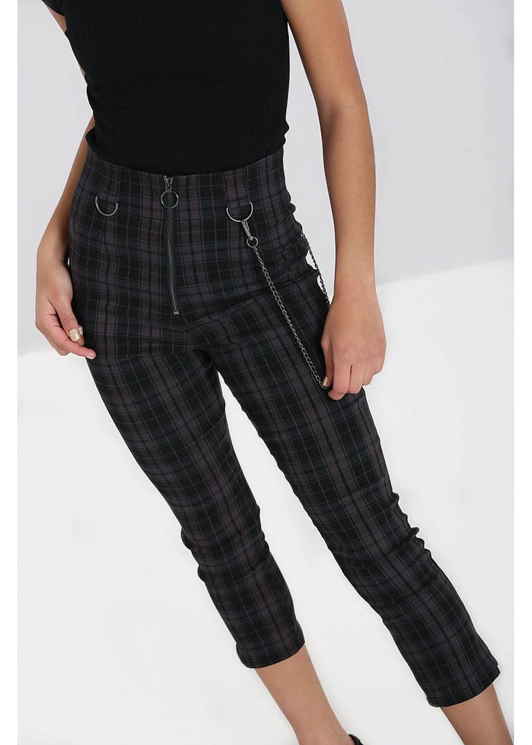 Hell Bunny Cobain Tartan Capri Trousers Black New In