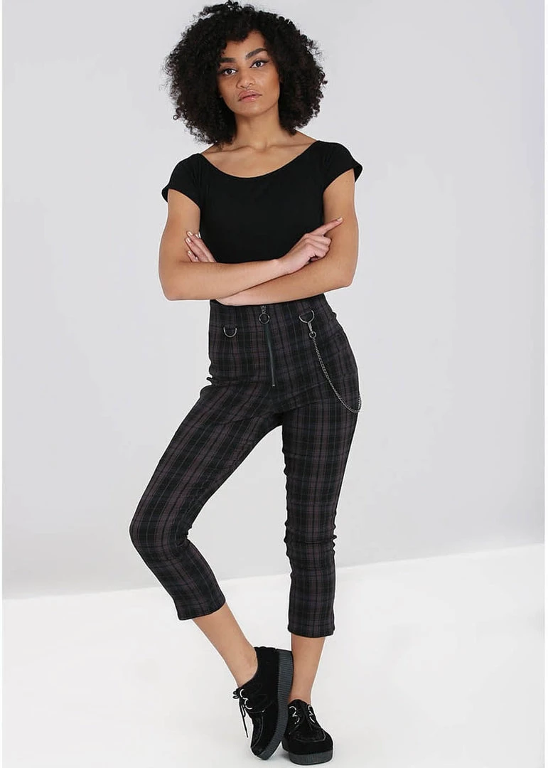 Hell Bunny Cobain Tartan Capri Trousers Black New In