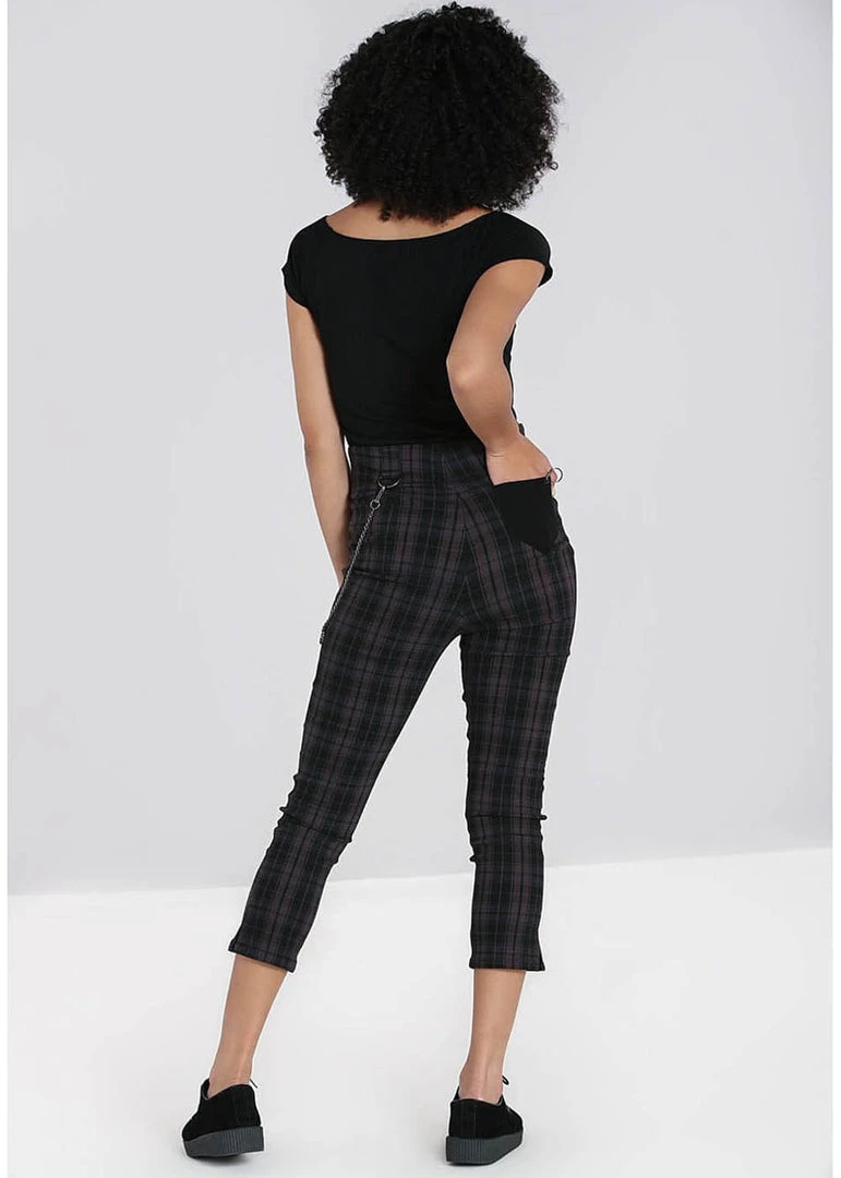 Hell Bunny Cobain Tartan Capri Trousers Black New In