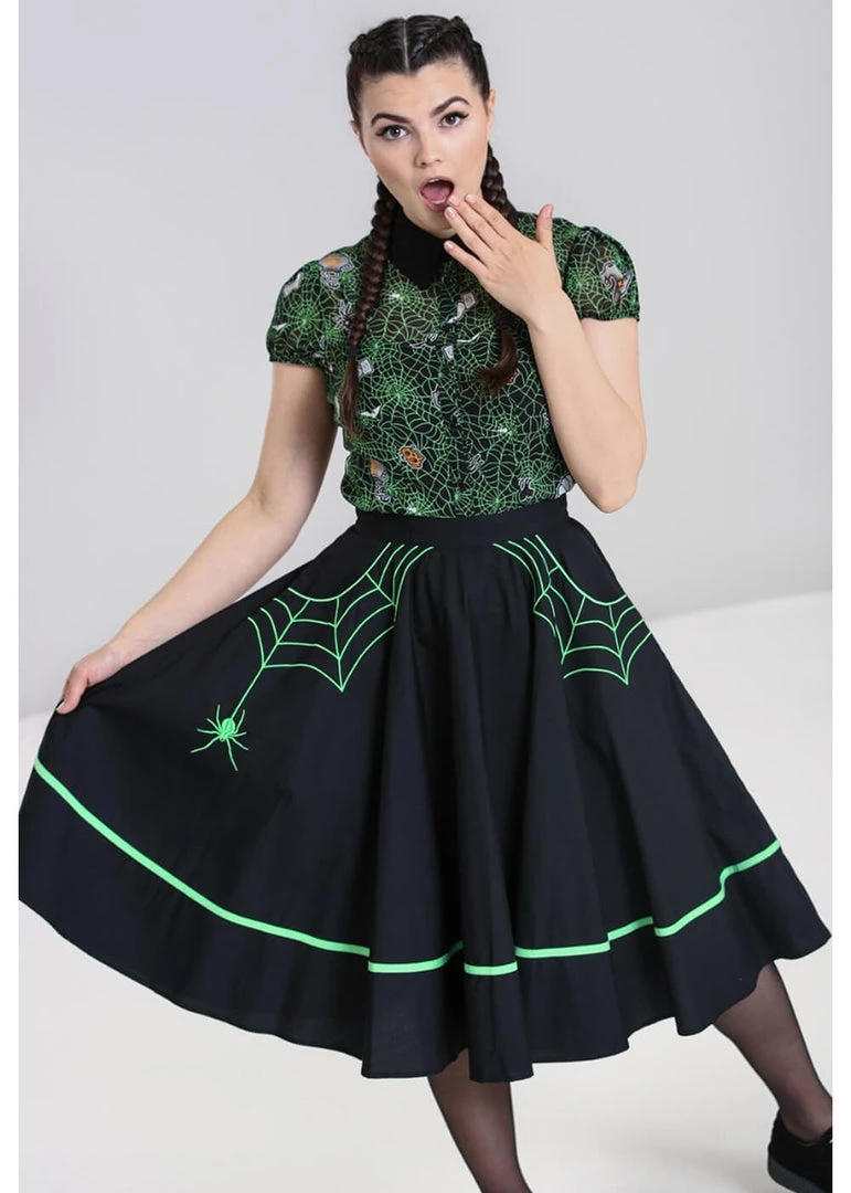 New In Hell Bunny Miss Muffet Spiderweb 50's Swing Skirt Black Green