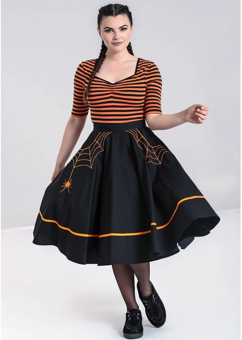New In Hell Bunny Miss Muffet Spiderweb 50's Swing Skirt Black Orange