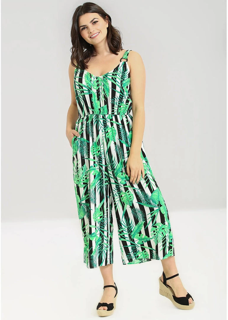 Hell Bunny Solana Leaves 70's Jumpsuit Black White