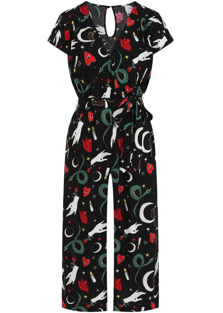 New In Hell Bunny Good Fortune Snake 70's Jumpsuit Black
