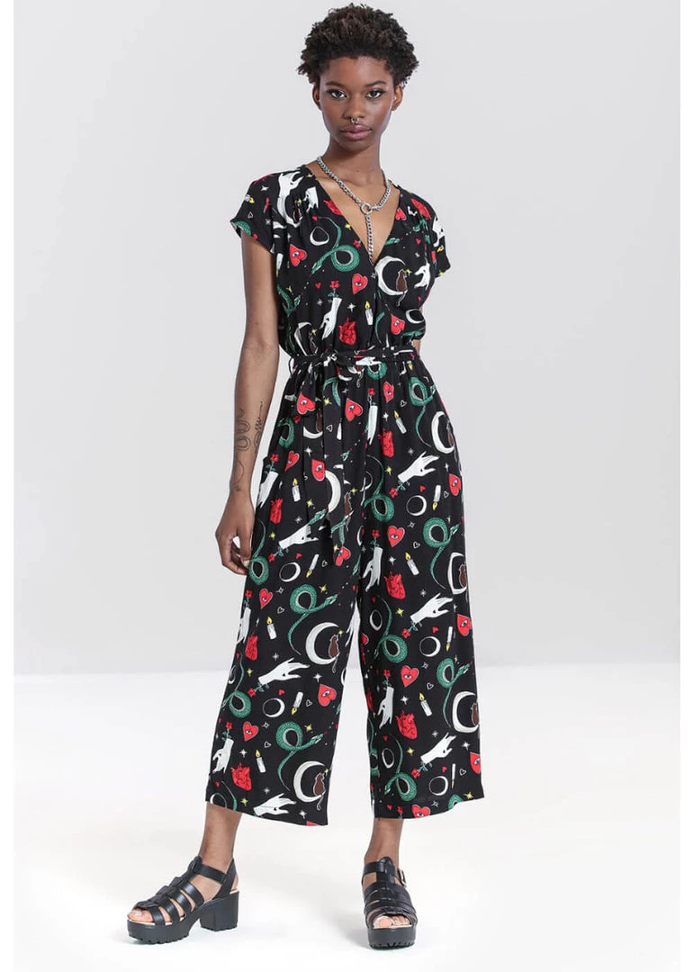 New In Hell Bunny Good Fortune Snake 70's Jumpsuit Black