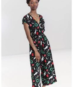 New In Hell Bunny Good Fortune Snake 70's Jumpsuit Black
