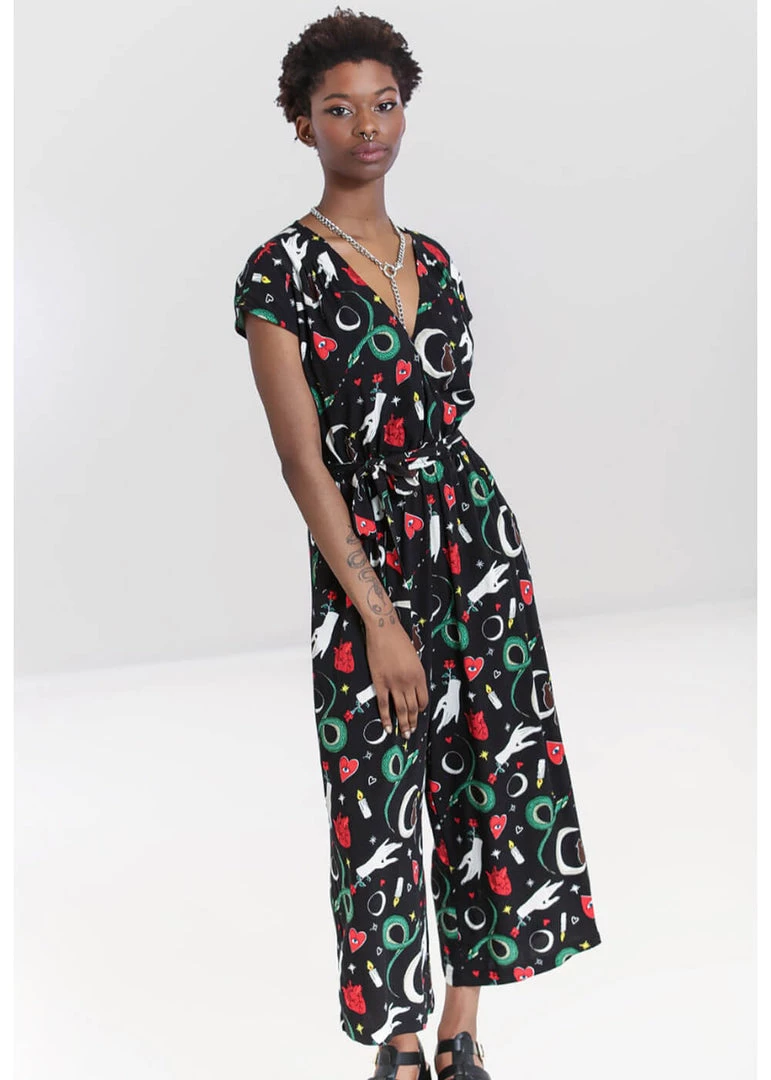 New In Hell Bunny Good Fortune Snake 70's Jumpsuit Black