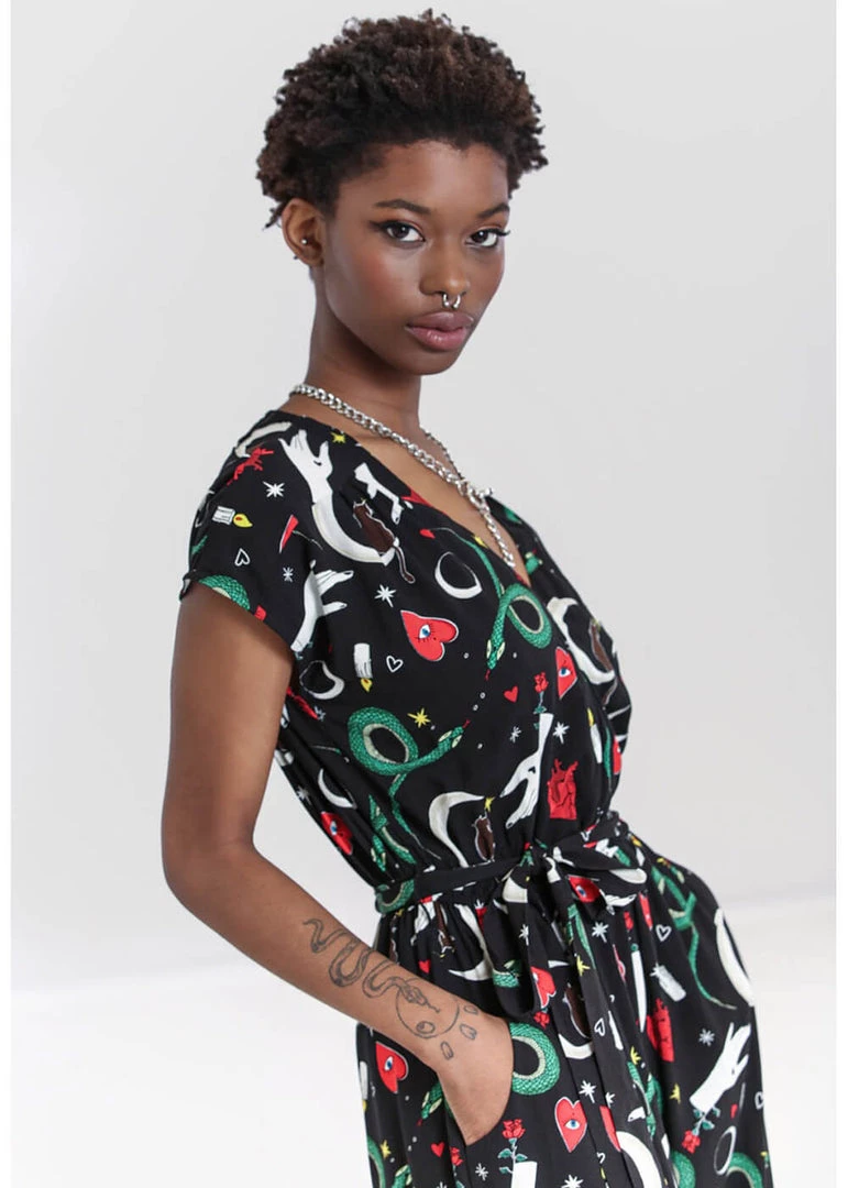 New In Hell Bunny Good Fortune Snake 70's Jumpsuit Black