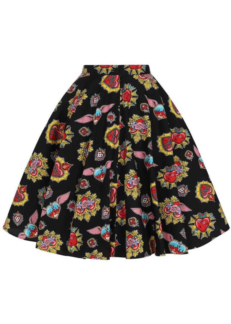 Hell Bunny Amias Sacred Heart 50's Swing Skirt Black New In
