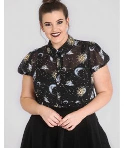 Hell Bunny Solaris Sun & Moon 70's Blouse Black New In