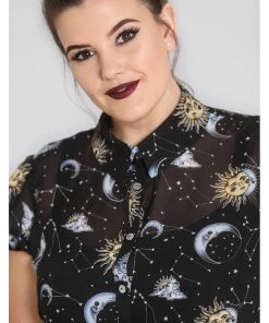 Hell Bunny Solaris Sun & Moon 70's Blouse Black New In
