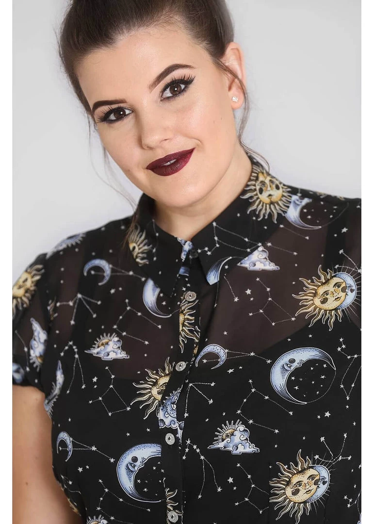 Hell Bunny Solaris Sun & Moon 70's Blouse Black New In