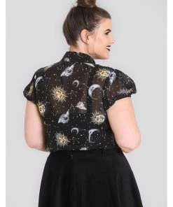 Hell Bunny Solaris Sun & Moon 70's Blouse Black New In