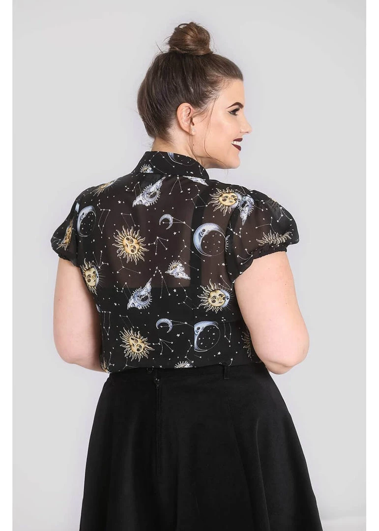 Hell Bunny Solaris Sun & Moon 70's Blouse Black New In