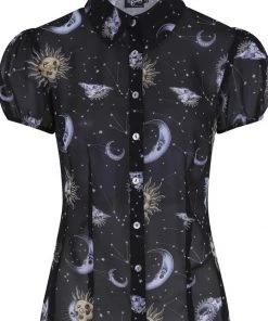 Hell Bunny Solaris Sun & Moon 70's Blouse Black New In