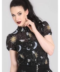 Hell Bunny Solaris Sun & Moon 70's Blouse Black New In