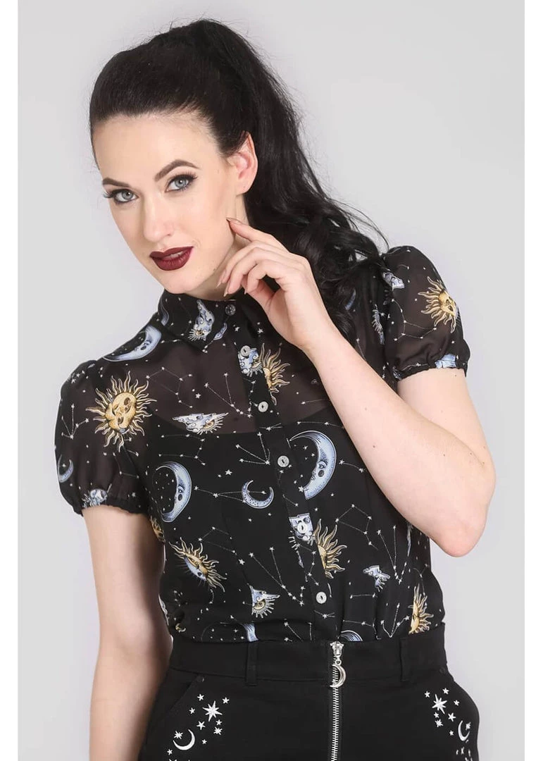 Hell Bunny Solaris Sun & Moon 70's Blouse Black New In