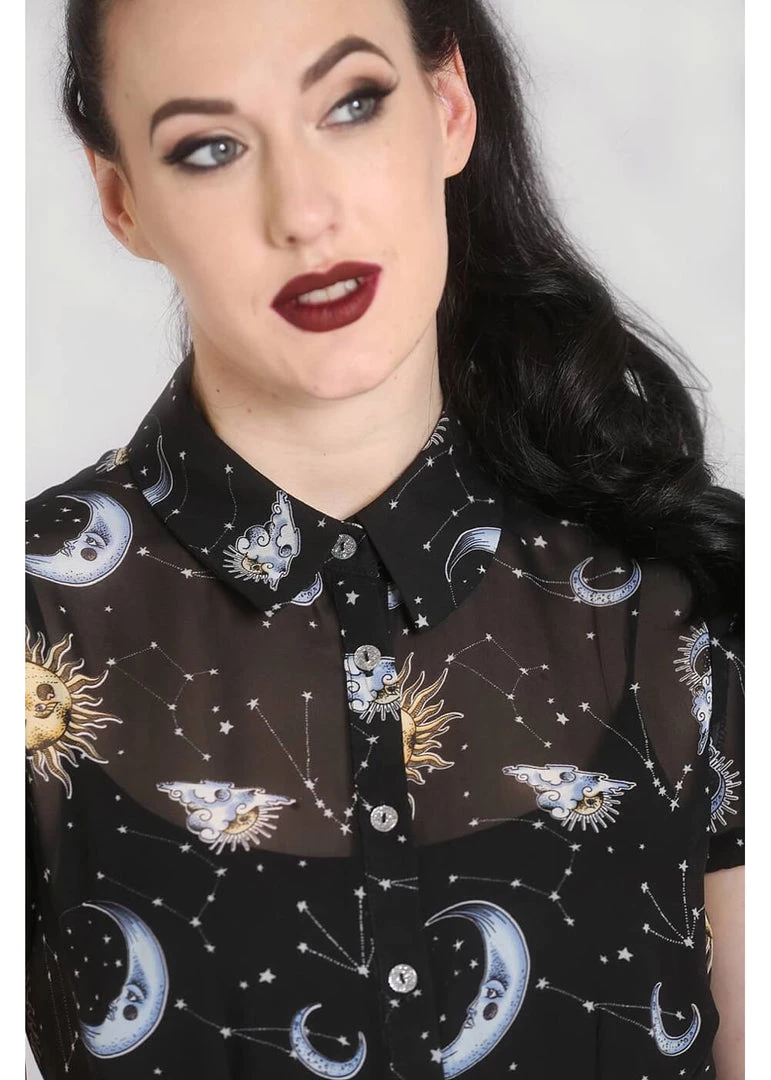 Hell Bunny Solaris Sun & Moon 70's Blouse Black New In