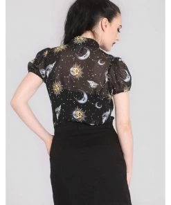 Hell Bunny Solaris Sun & Moon 70's Blouse Black New In