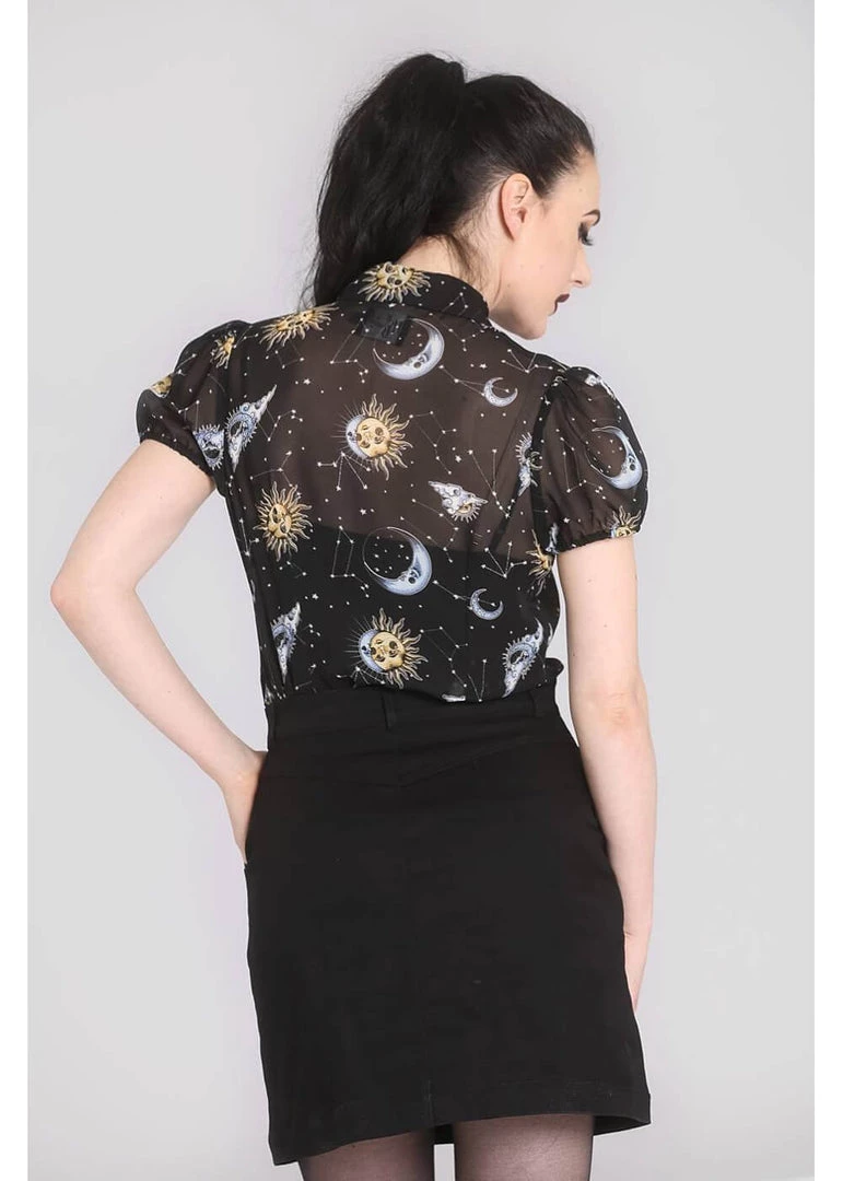 Hell Bunny Solaris Sun & Moon 70's Blouse Black New In