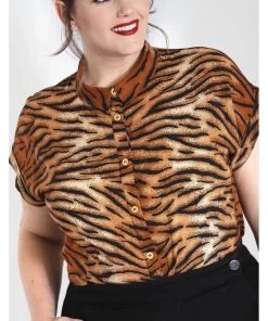 Hell Bunny Tora Tiger 40's Shirt Brown New In