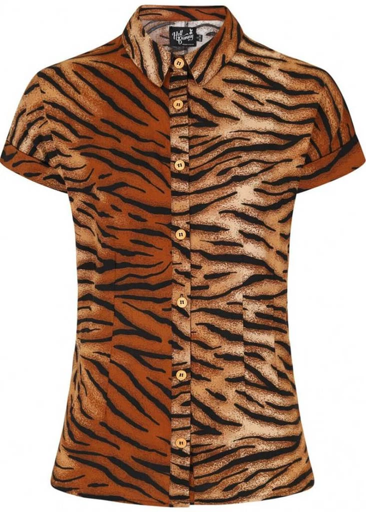 Hell Bunny Tora Tiger 40's Shirt Brown New In