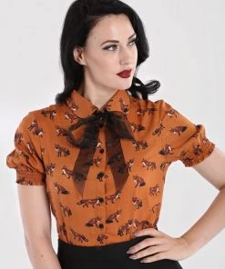 New In Hell Bunny Vixey Fox 40's Blouse Brown