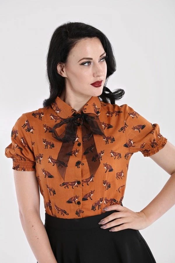 New In Hell Bunny Vixey Fox 40's Blouse Brown