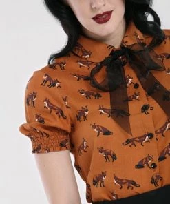 New In Hell Bunny Vixey Fox 40's Blouse Brown