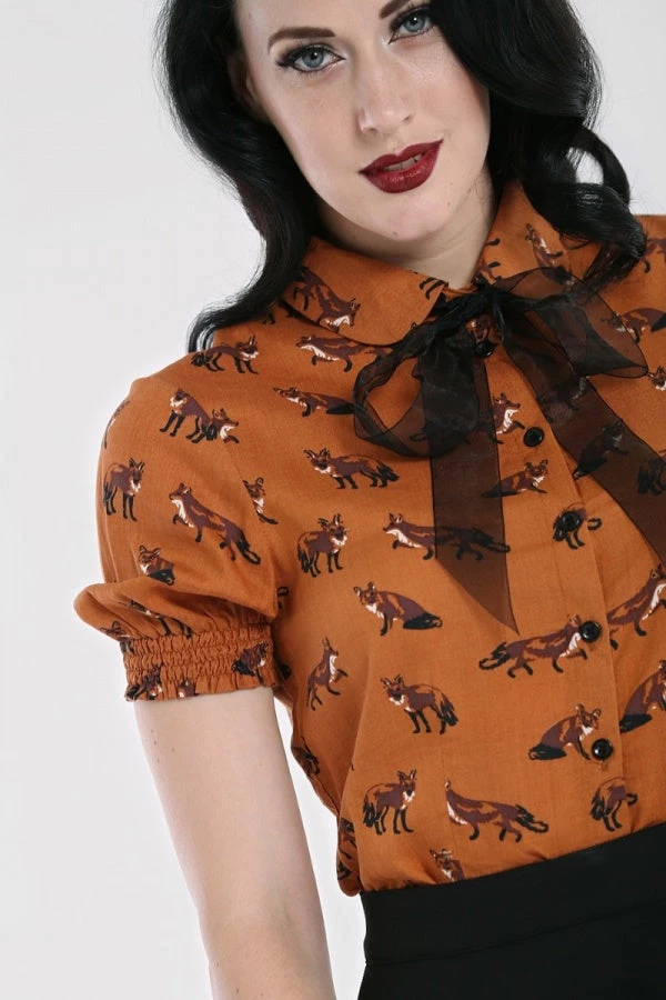 New In Hell Bunny Vixey Fox 40's Blouse Brown