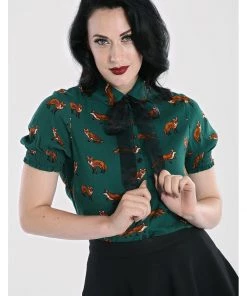 Hell Bunny Vixey Fox 40's Blouse Dark Green New In