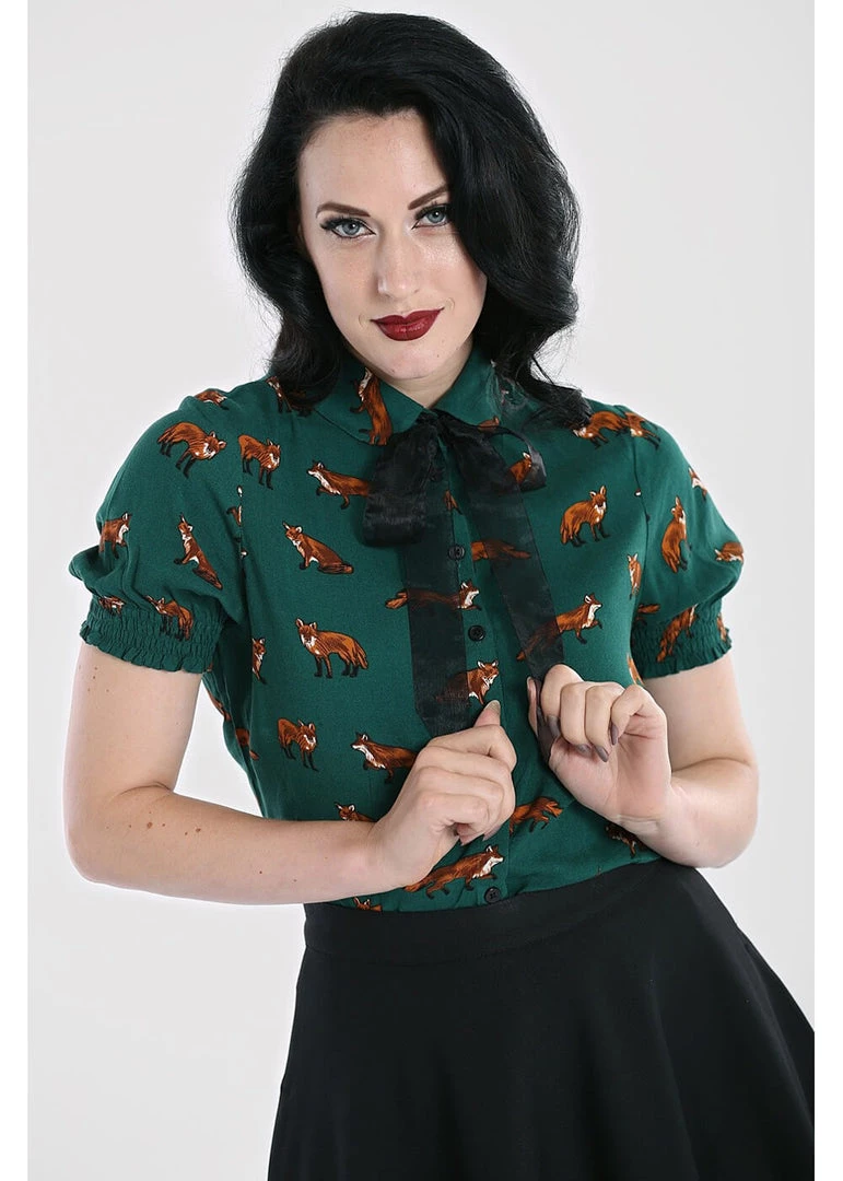 Hell Bunny Vixey Fox 40's Blouse Dark Green New In