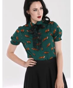 Hell Bunny Vixey Fox 40's Blouse Dark Green New In