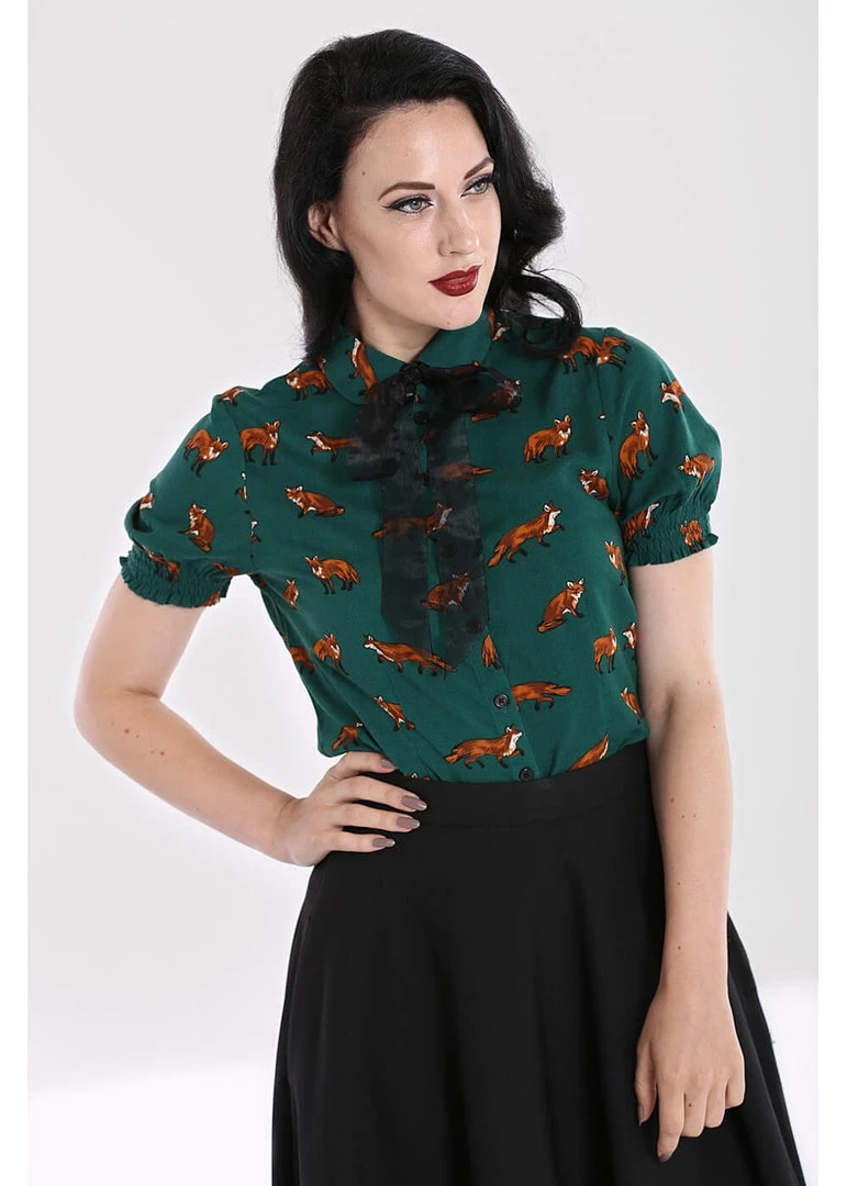 Hell Bunny Vixey Fox 40's Blouse Dark Green New In