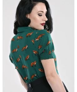 Hell Bunny Vixey Fox 40's Blouse Dark Green New In