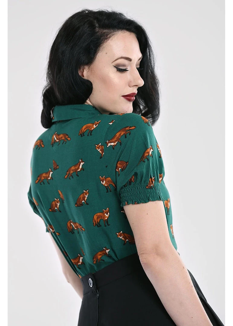 Hell Bunny Vixey Fox 40's Blouse Dark Green New In
