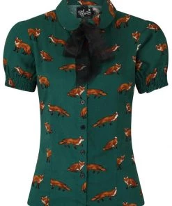 Hell Bunny Vixey Fox 40's Blouse Dark Green New In