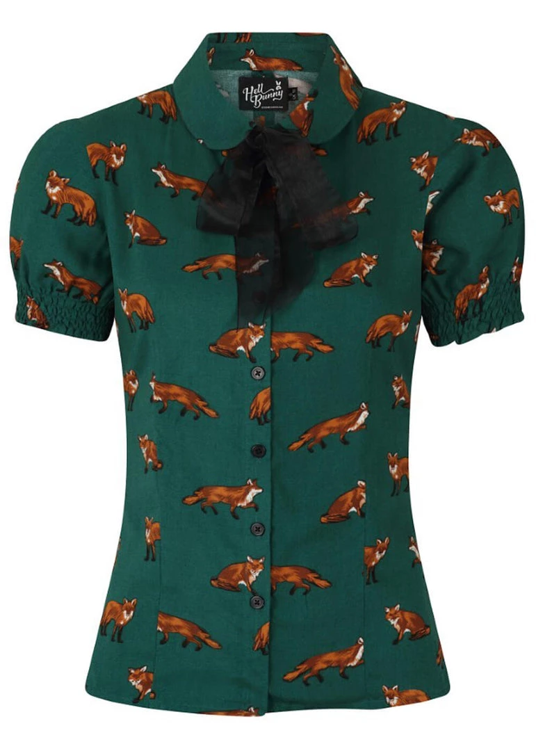 Hell Bunny Vixey Fox 40's Blouse Dark Green New In