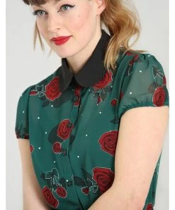 New In Hell Bunny Leonora Rose 40's Blouse Dark Green