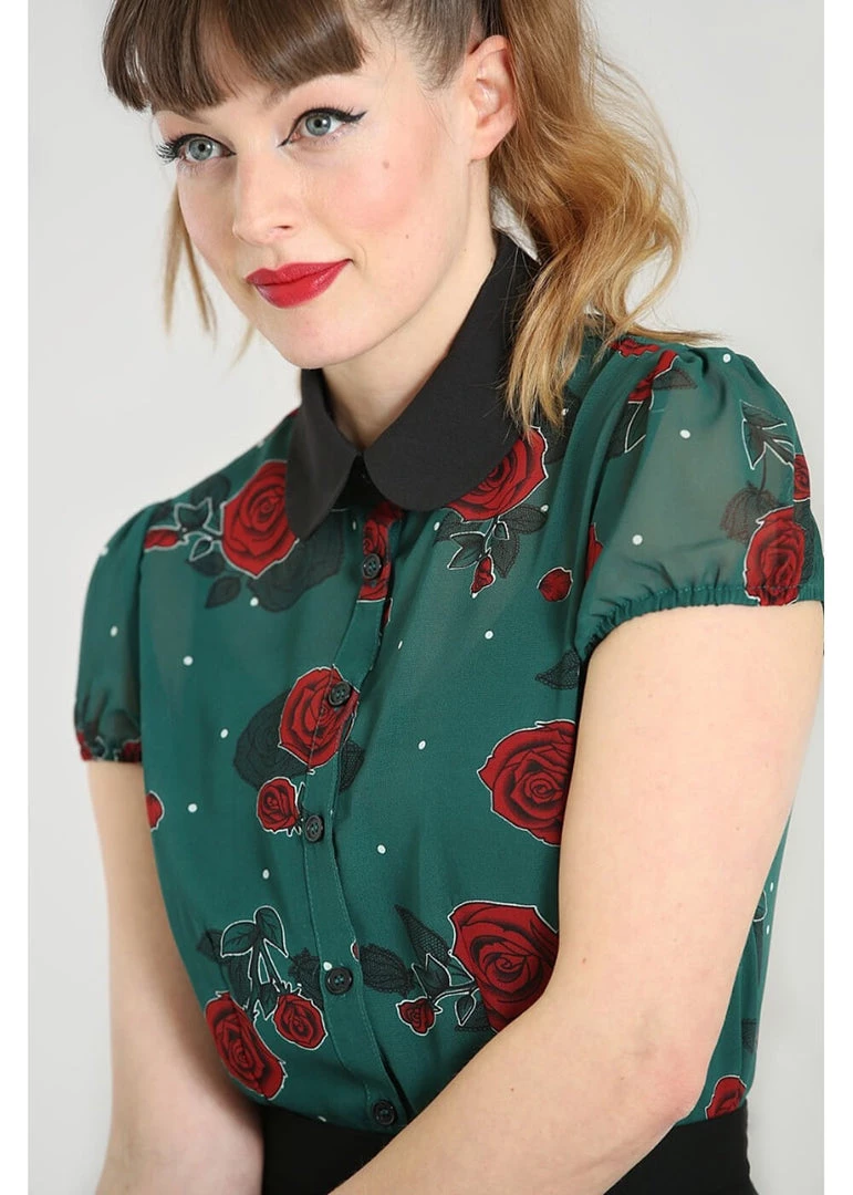 New In Hell Bunny Leonora Rose 40's Blouse Dark Green