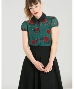 New In Hell Bunny Leonora Rose 40's Blouse Dark Green