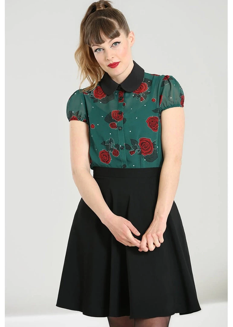 New In Hell Bunny Leonora Rose 40's Blouse Dark Green