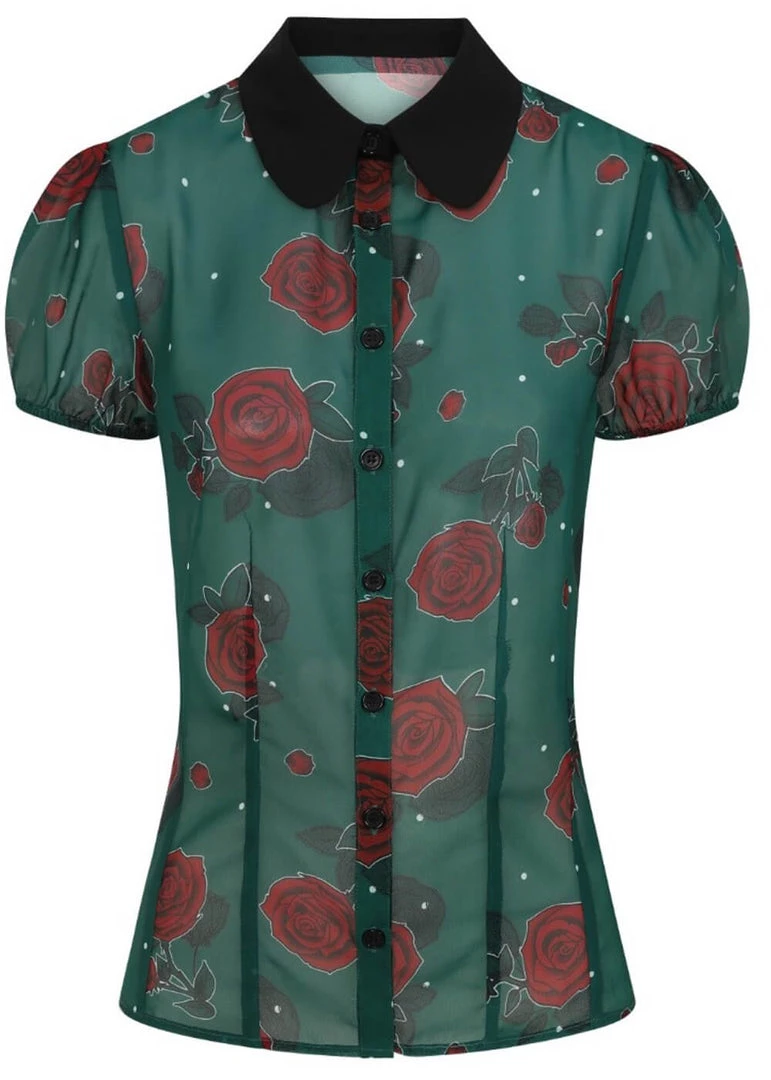 New In Hell Bunny Leonora Rose 40's Blouse Dark Green