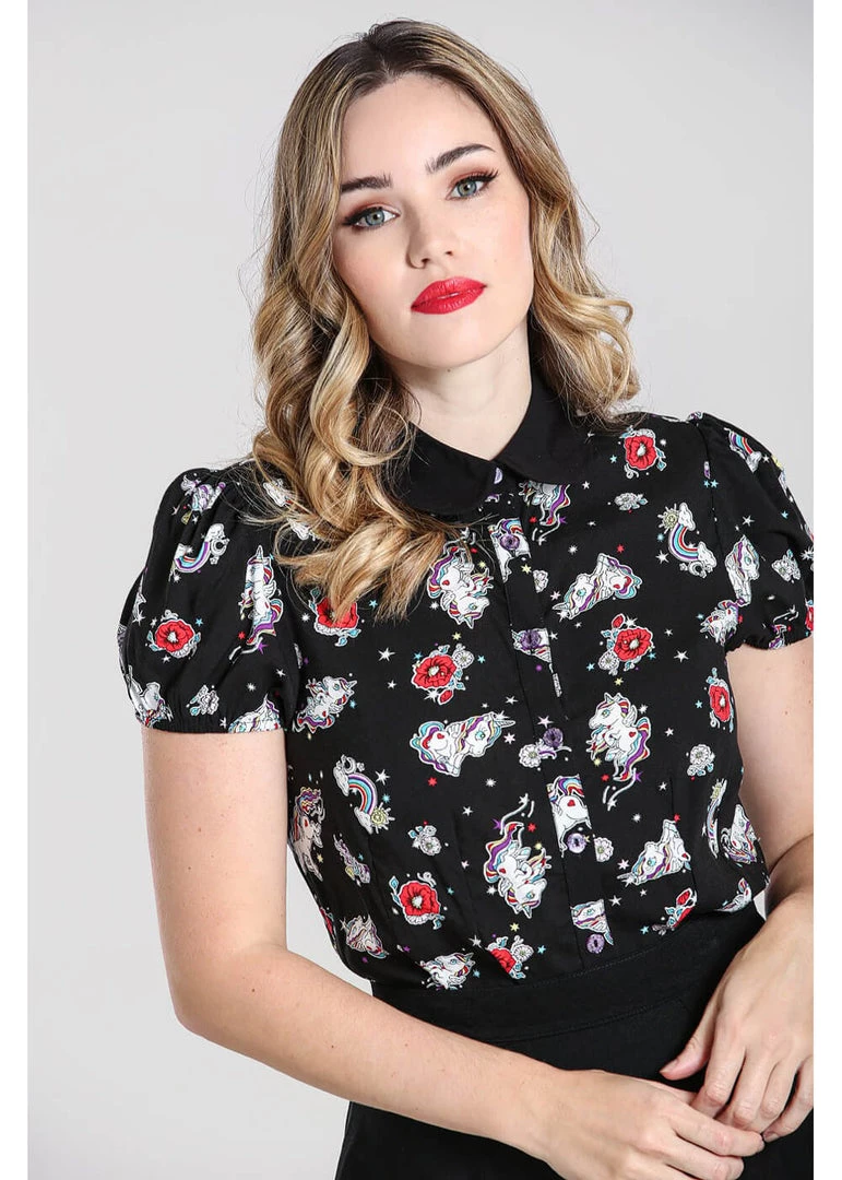 Hell Bunny Star Catcher Unicorn 60's Blouse Black New In