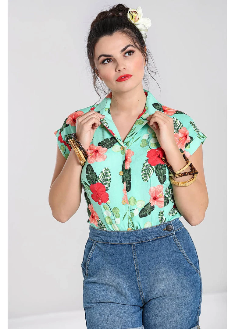 Hell Bunny Moana Hibiscus 50's Shirt Mint Green New In