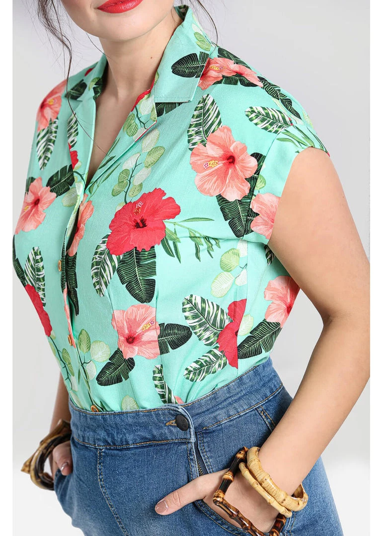 Hell Bunny Moana Hibiscus 50's Shirt Mint Green New In