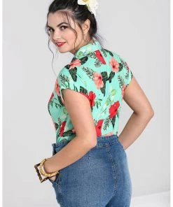 Hell Bunny Moana Hibiscus 50's Shirt Mint Green New In