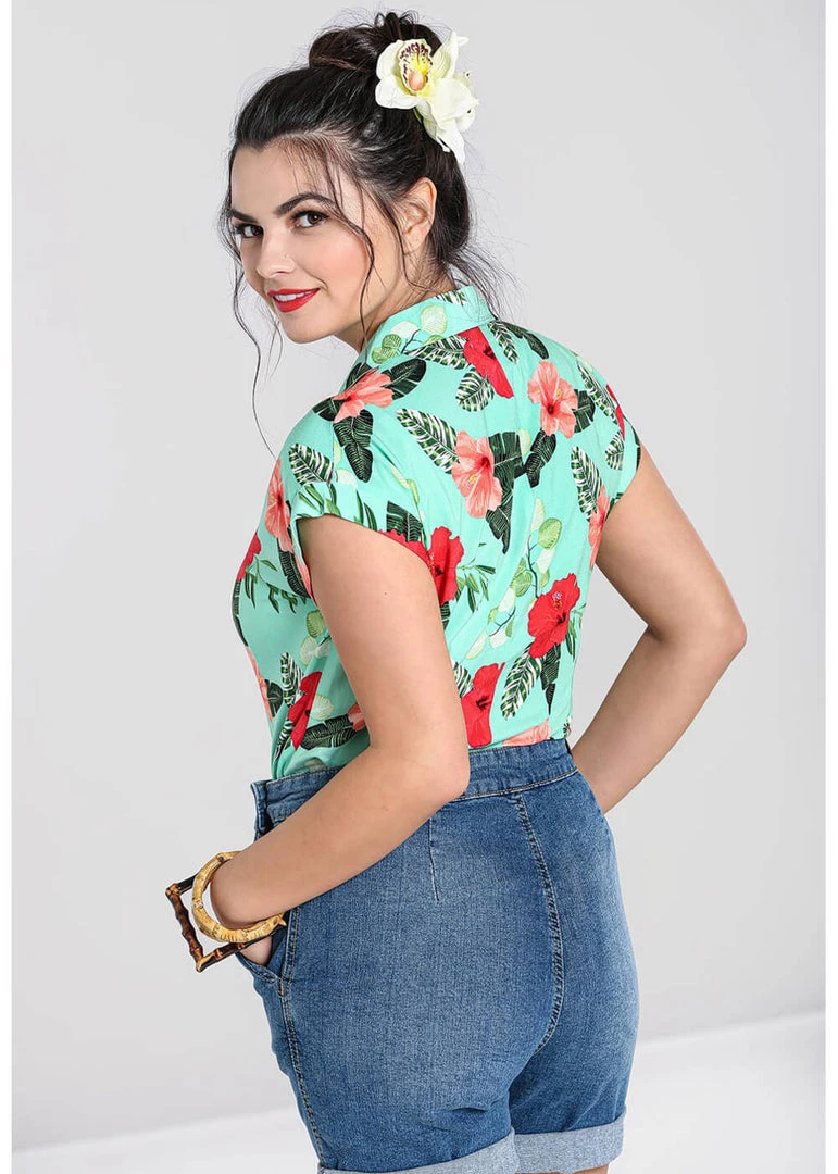 Hell Bunny Moana Hibiscus 50's Shirt Mint Green New In